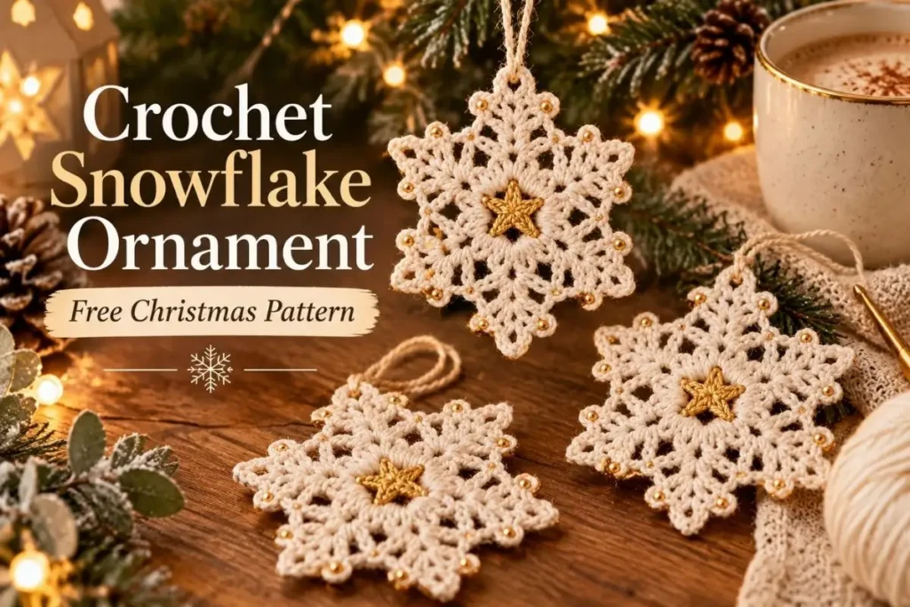crochet snowflake ornament with gold beads for Christmas