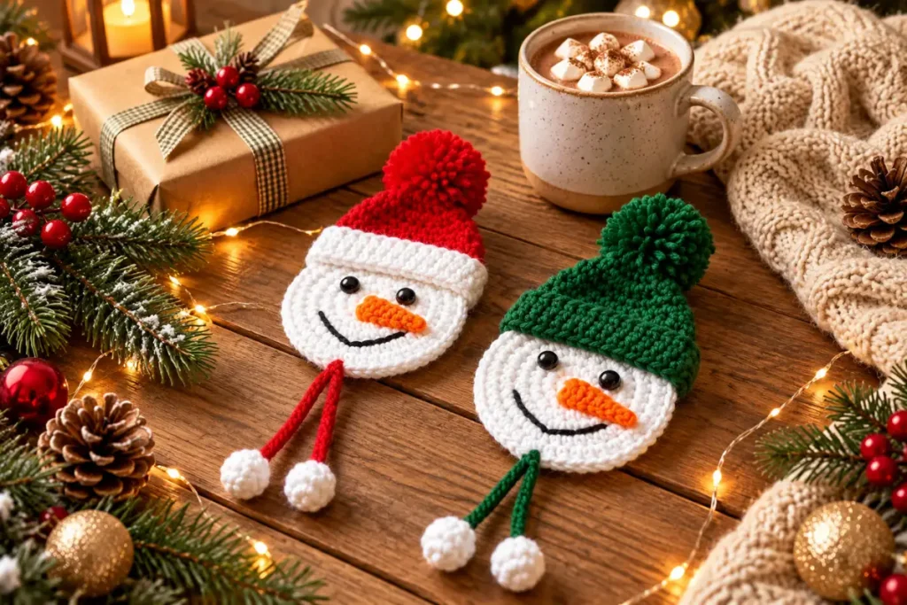 Crochet snowman face ornament with red and green winter hats.