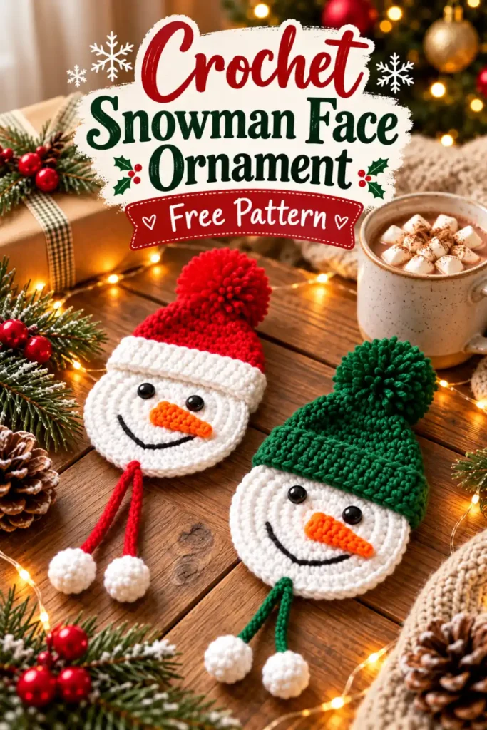 Crochet snowman face ornament with red and green winter hats.