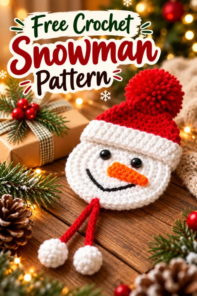Crochet snowman face ornament with red and green winter hats.