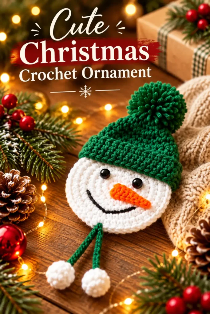 Crochet snowman face ornament with red and green winter hats.
