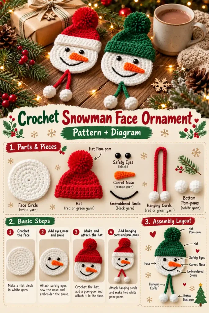 Crochet snowman face ornament with red and green winter hats.