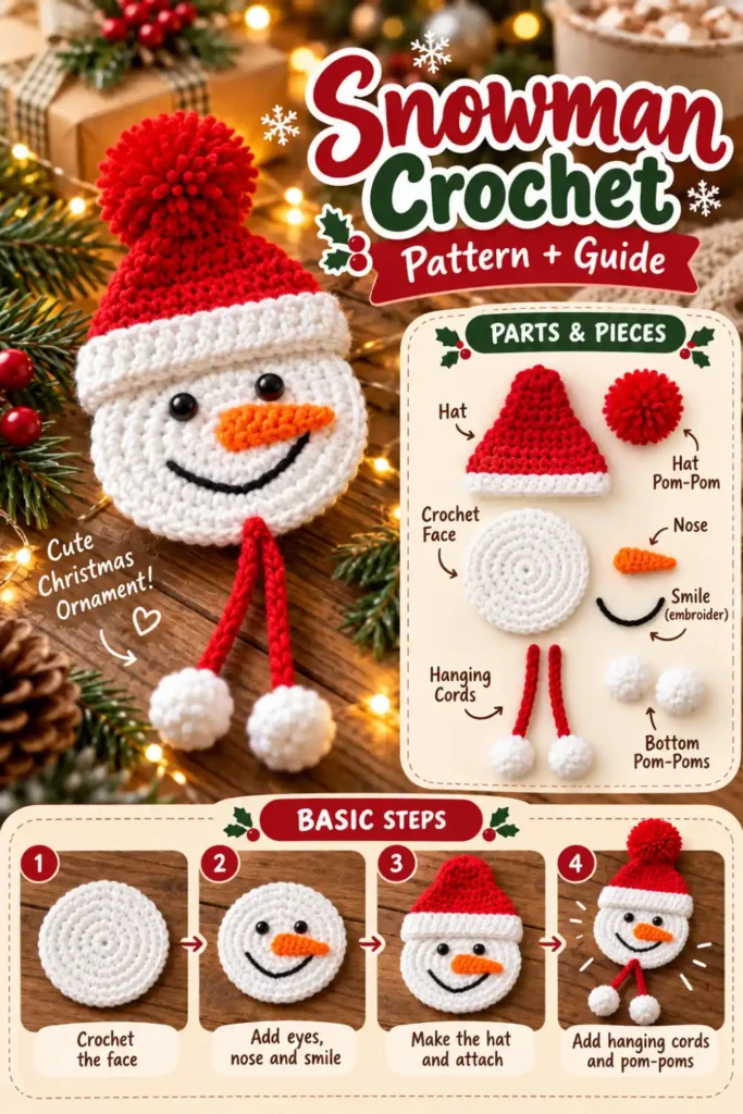 Crochet snowman face ornament with red and green winter hats.