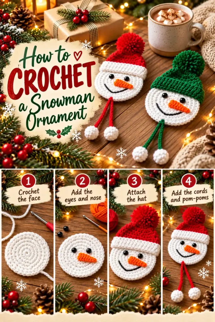 Crochet snowman face ornament with red and green winter hats.