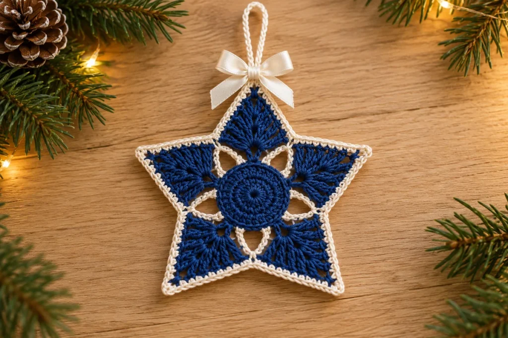 Blue lace crochet star ornament with five fan points white edging and an ivory ribbon bow on oak