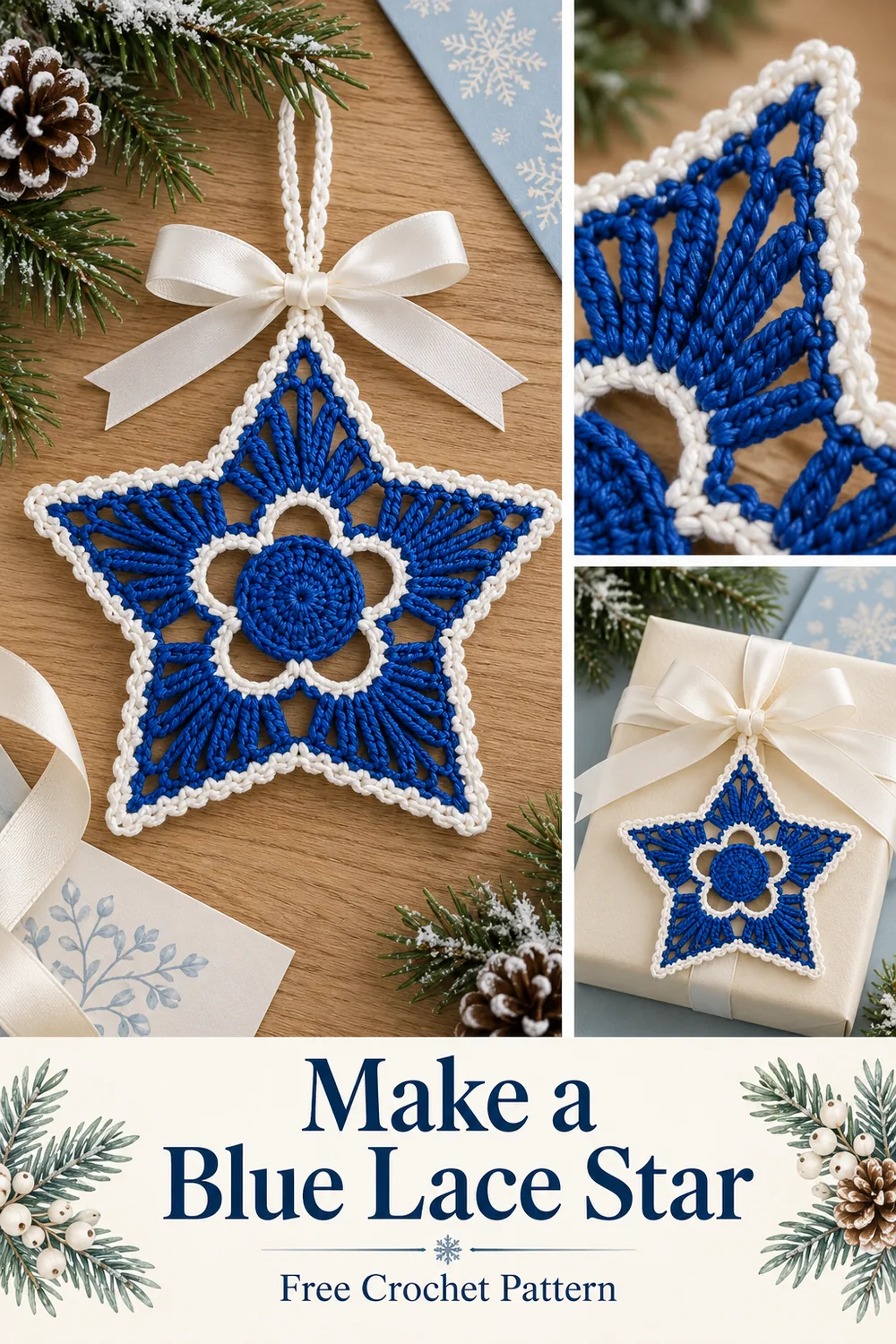 Blue lace crochet star collage with a stitch close up and gift wrapping idea