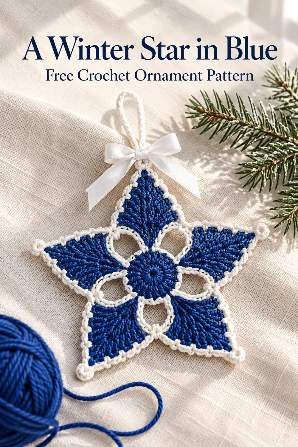 Blue lace crochet star on linen with A Winter Star in Blue editorial title