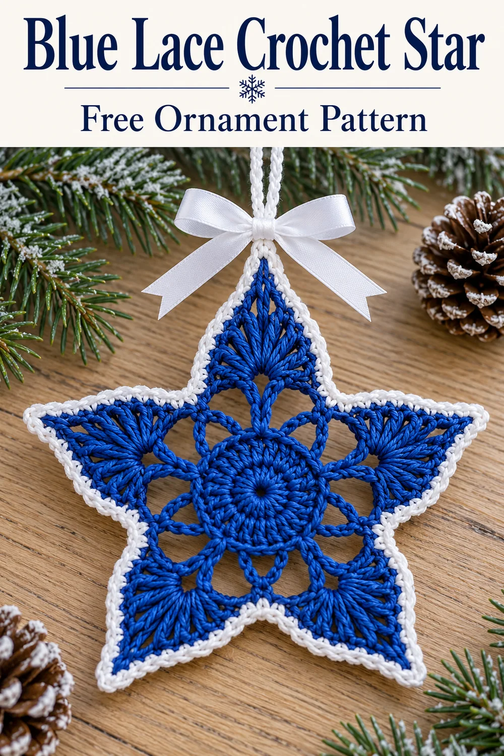 Blue lace crochet star beneath a free ornament pattern header