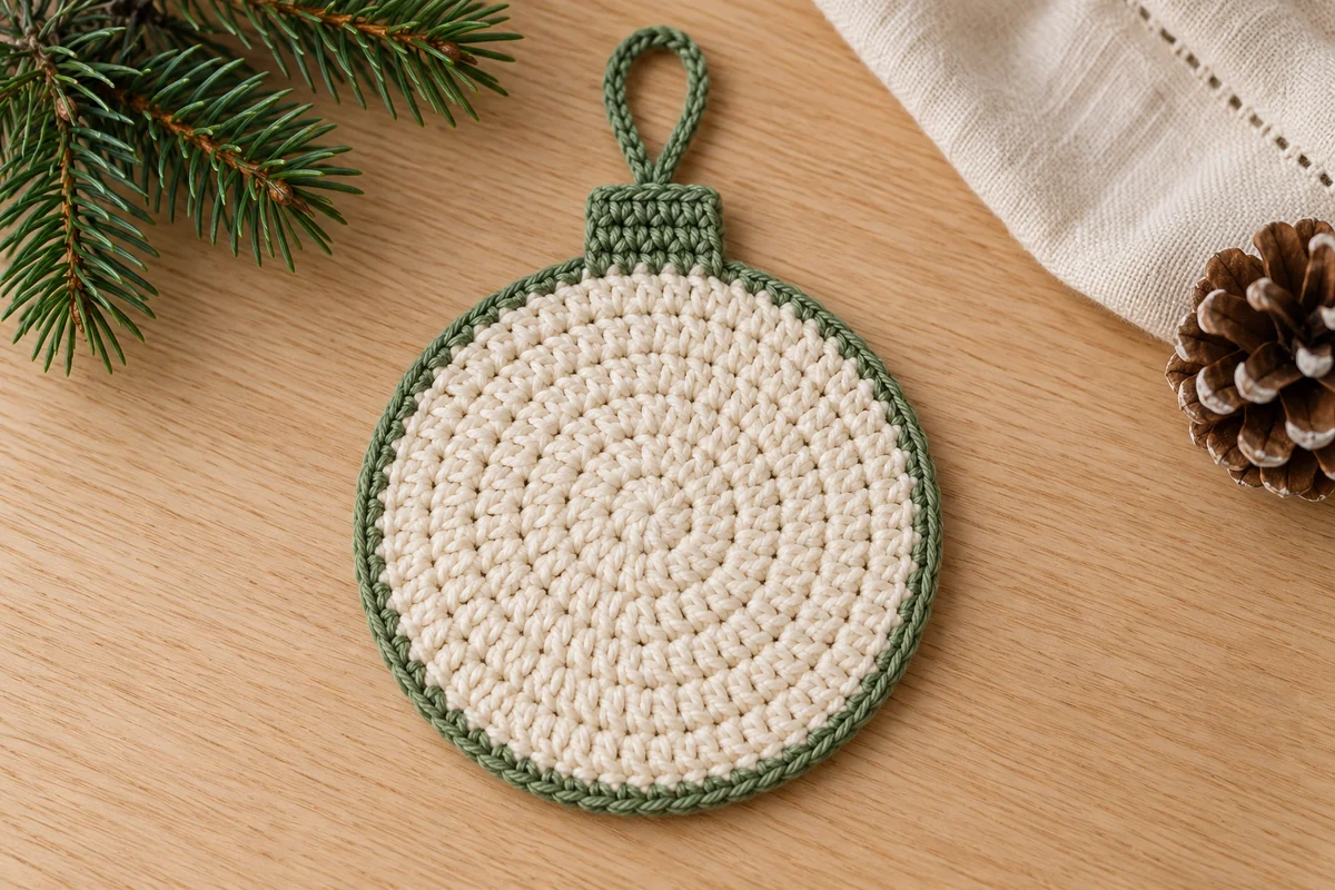 Christmas bauble coaster with a cream half double crochet disk sage green border attached cap and loop on oak