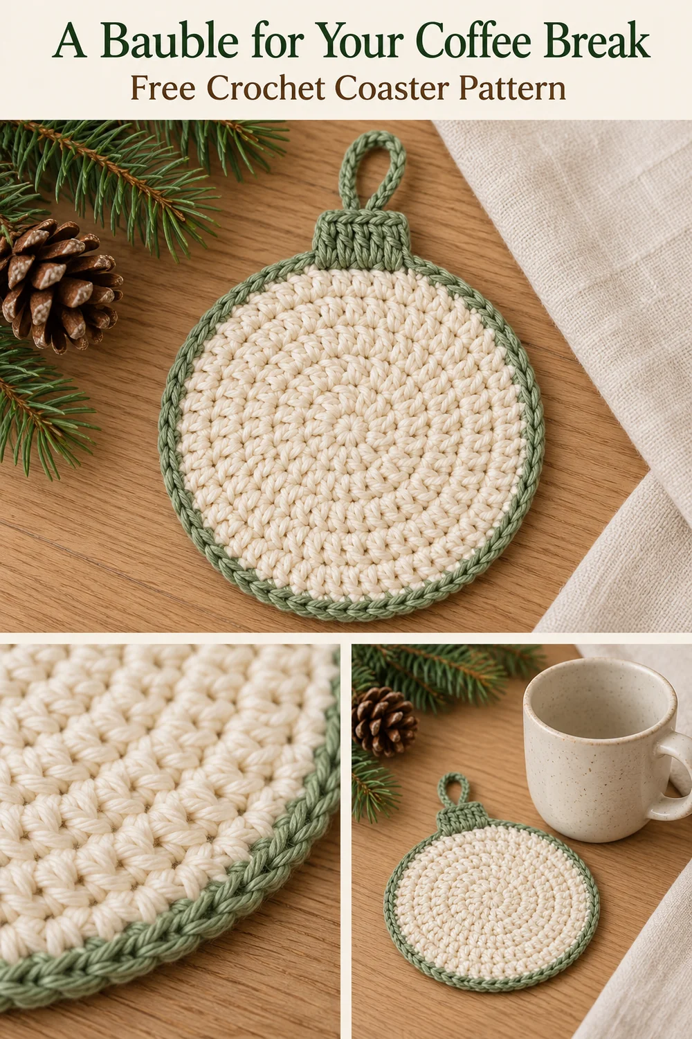 Christmas bauble coaster collage with a stitch close up and a small cup beside the motif