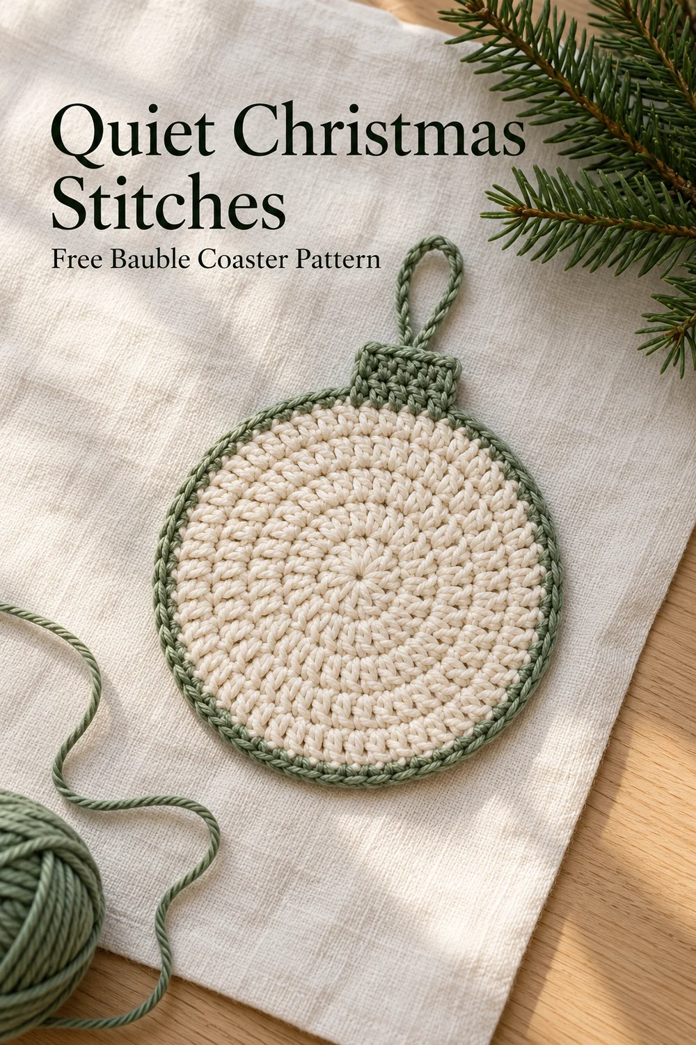 Christmas bauble coaster on linen with Quiet Christmas Stitches editorial title