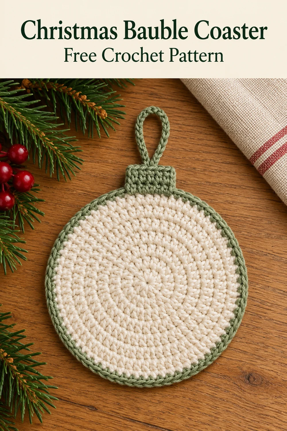 Christmas bauble coaster beneath a Free Crochet Pattern header