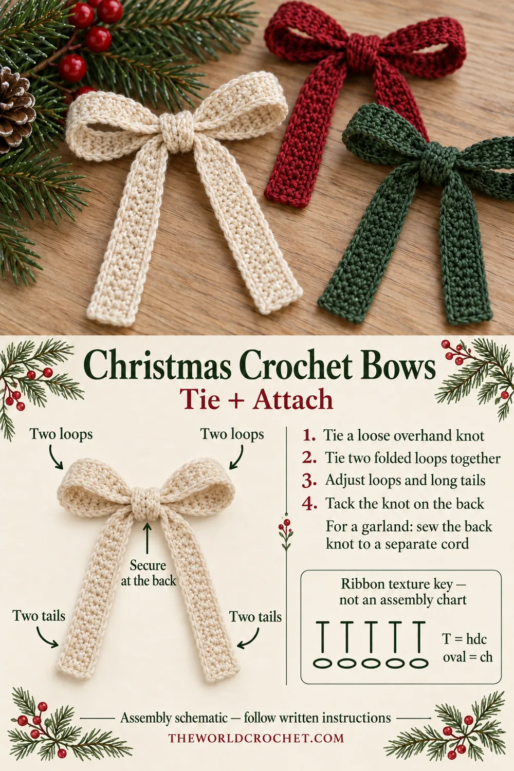 Christmas crochet bows assembly guide showing two loops two tails and garland attachment