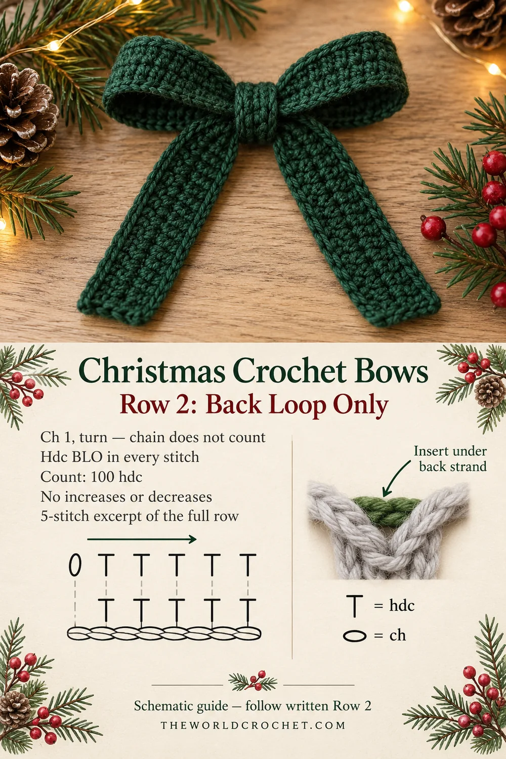 Christmas crochet bows second row guide showing back loop placement and 100 half double crochet stitches