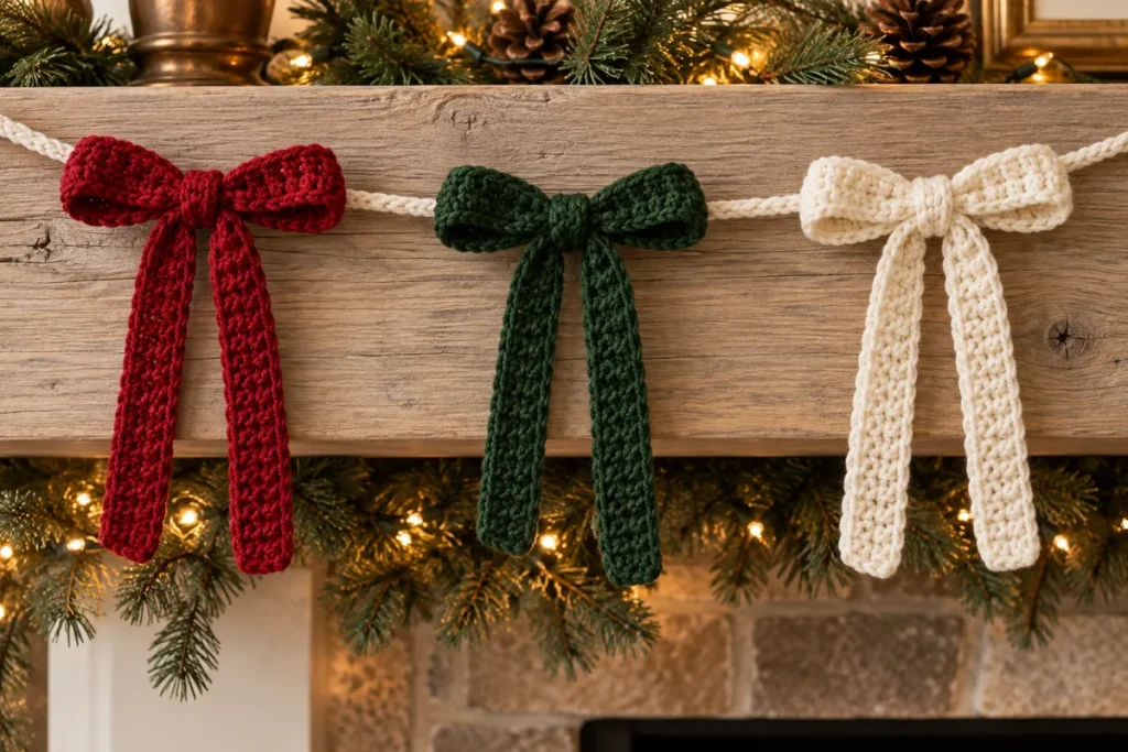 Red green and ivory long-tail Christmas crochet bows on a wooden mantel