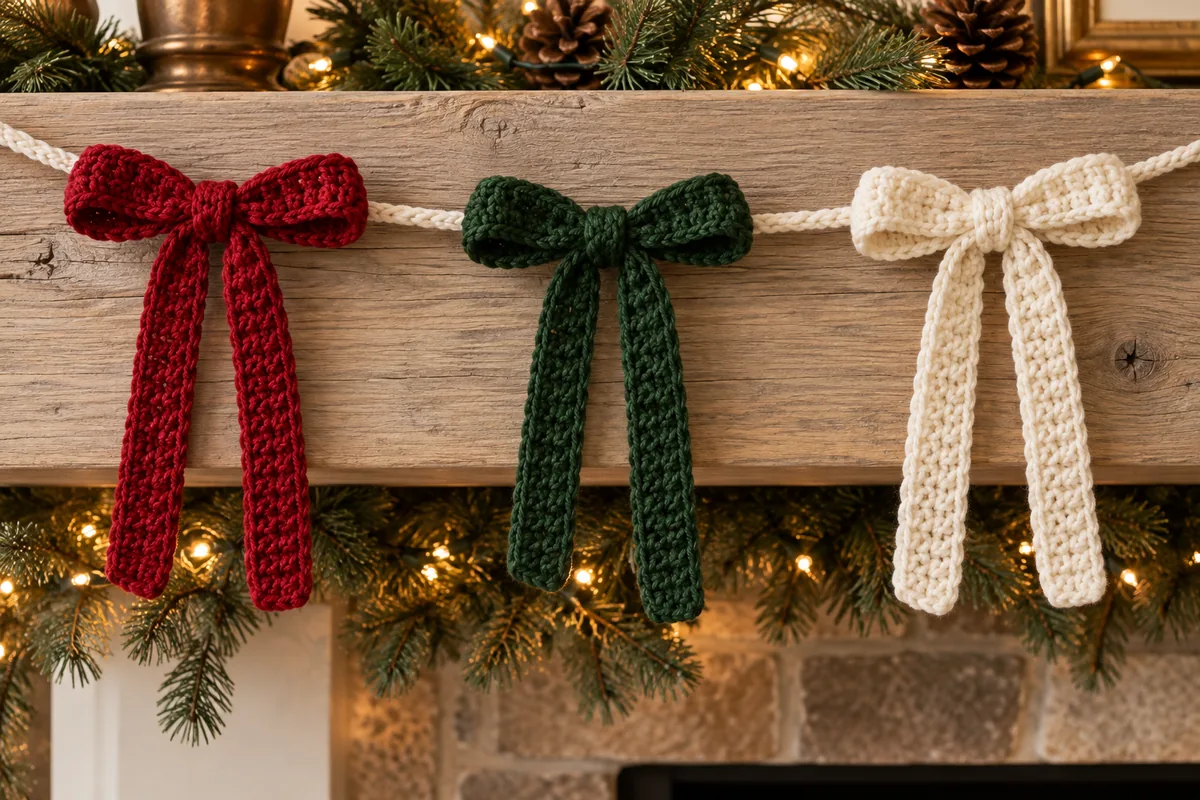 Red green and ivory long-tail Christmas crochet bows on a wooden mantel
