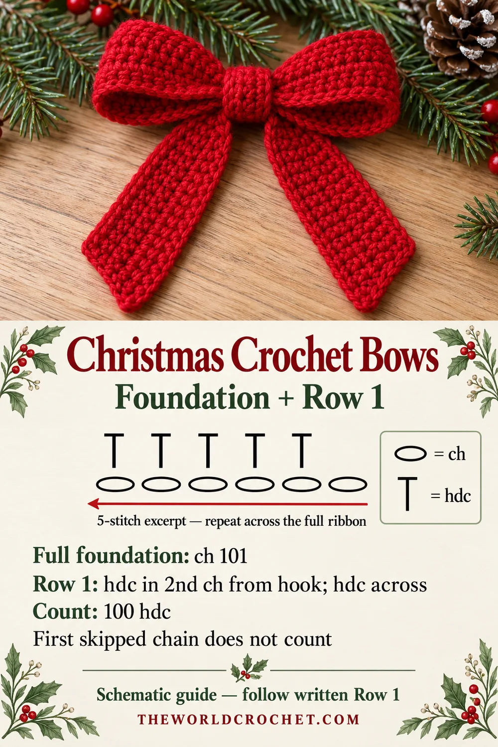 Christmas crochet bows foundation and first row guide with chain and half double crochet symbols