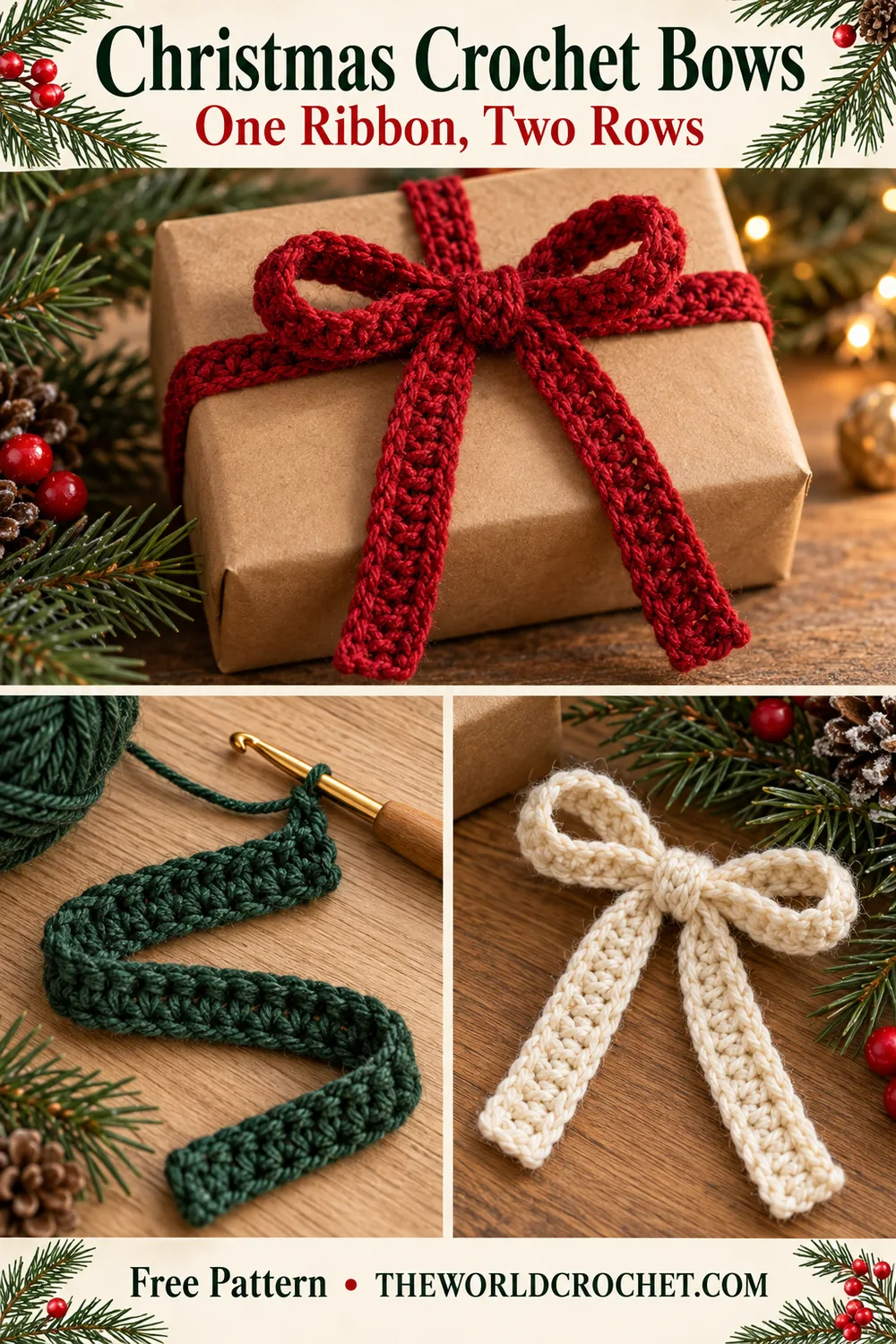 Christmas crochet bows collage showing a red gift bow green ribbon and ivory bow