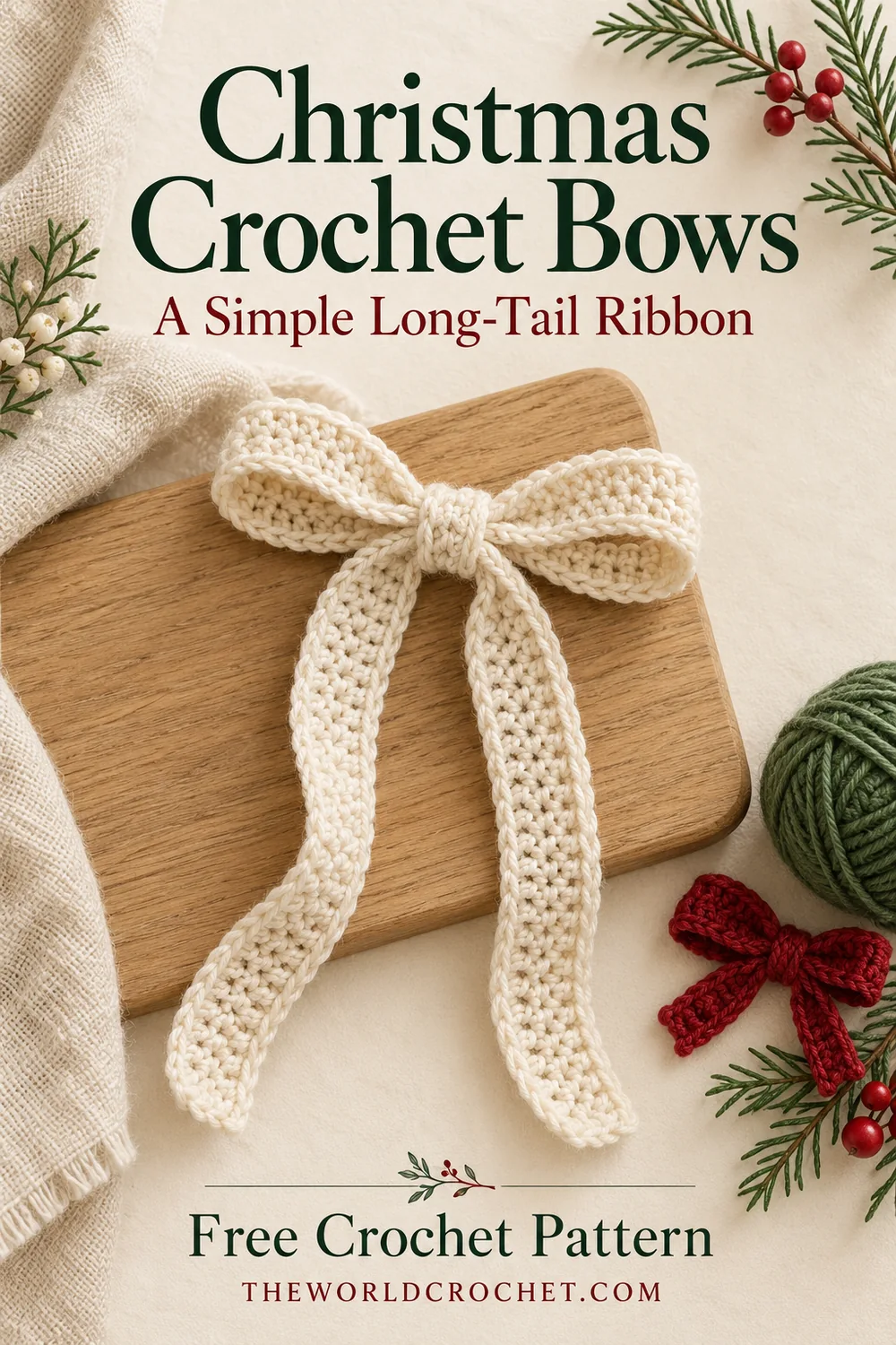 Ivory long-tail Christmas crochet bow in a cream editorial layout