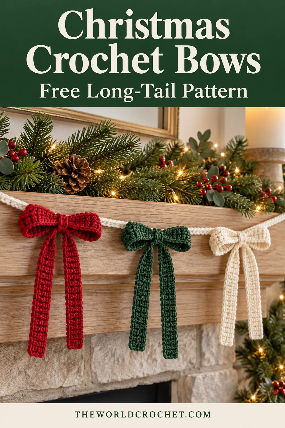 Christmas crochet bows with a forest green header and free long-tail pattern title