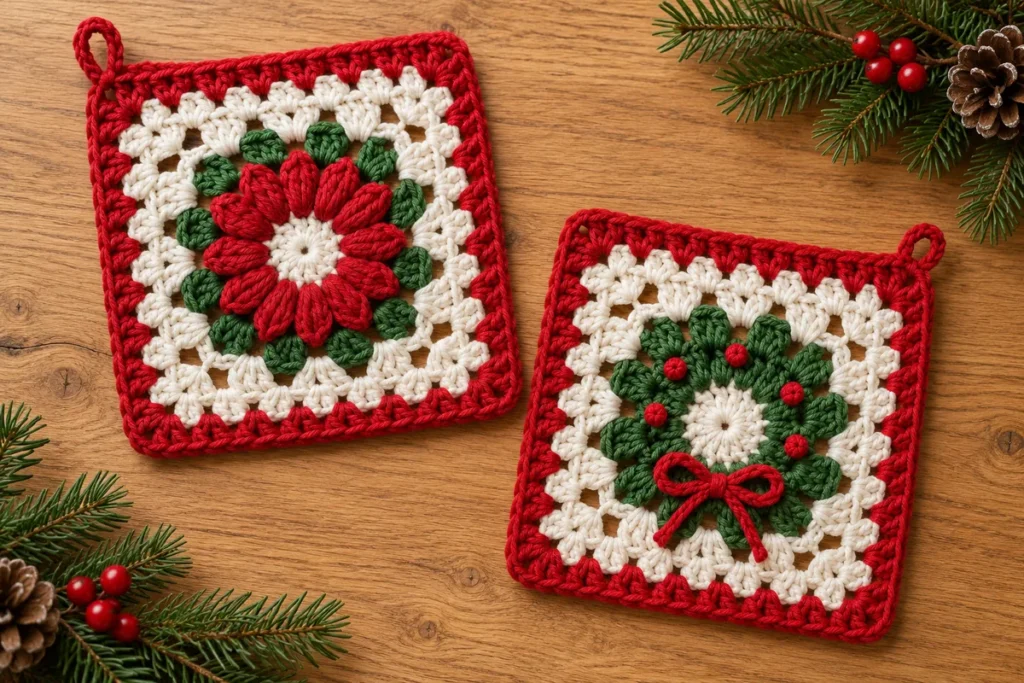 Christmas flower granny square and green wreath variation with white frames and red borders on wood