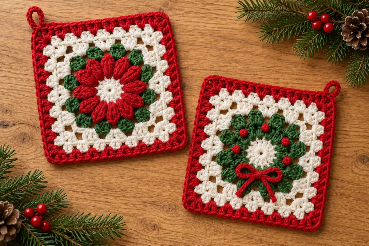 Christmas flower granny square and green wreath variation with white frames and red borders on wood