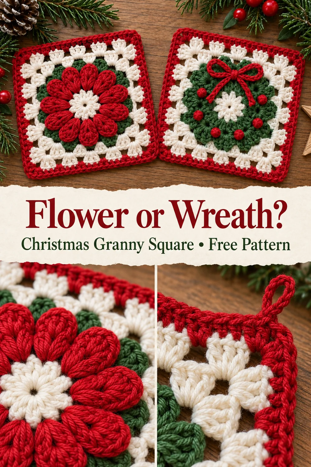 Christmas flower granny square collage showing red petals green wreath and red corner border detail
