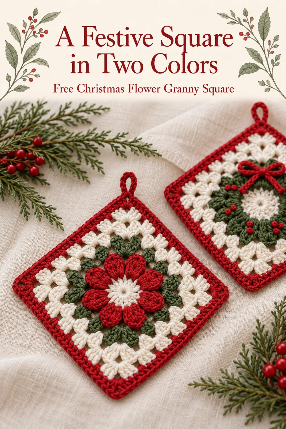 Christmas flower granny square displayed as a diamond beside the green wreath variation
