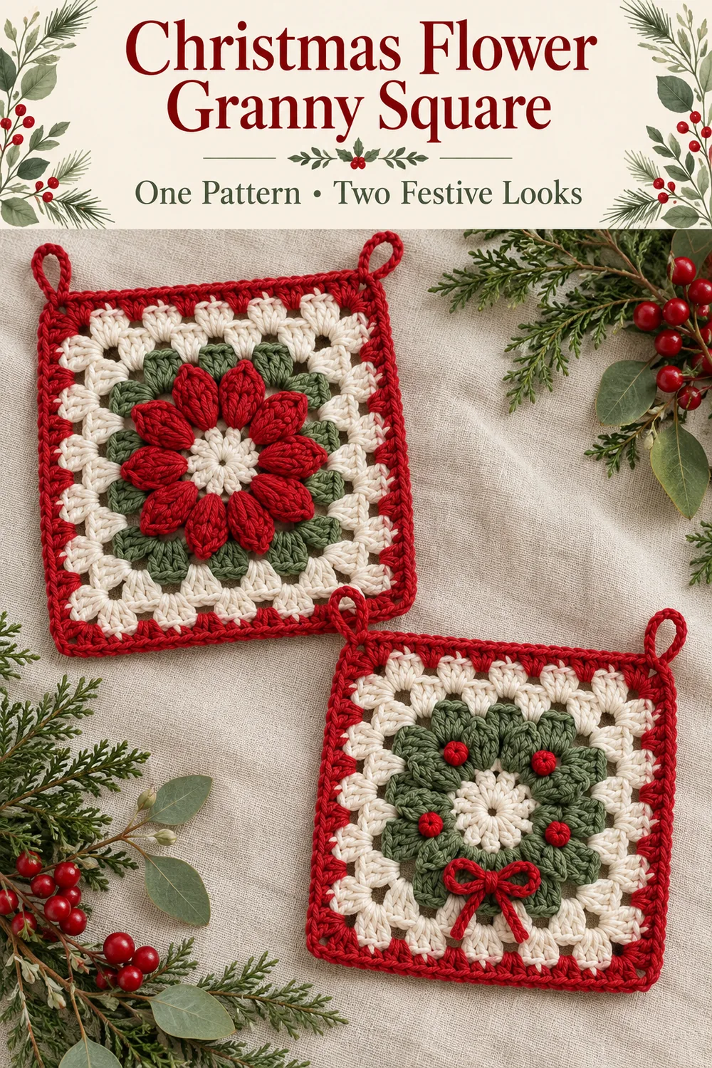 Christmas flower granny square pair beneath a one pattern two festive looks header