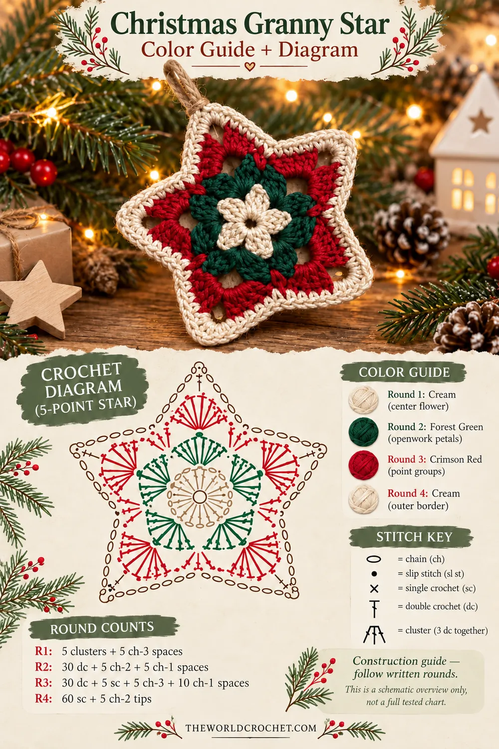 Christmas granny star color guide with round counts and crochet symbol diagram
