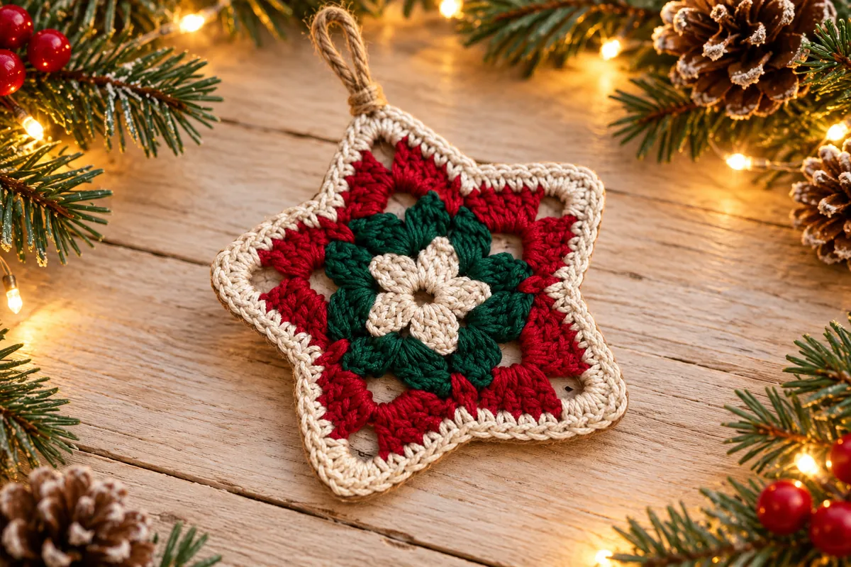 Christmas granny star ornament with cream center, green groups and red points