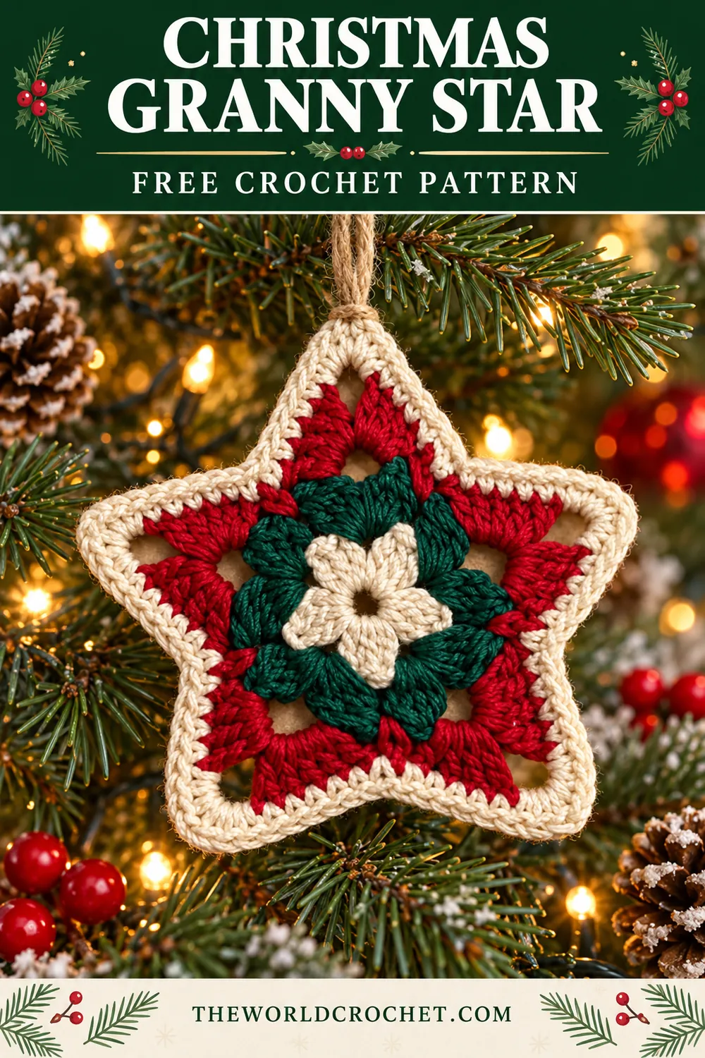 Christmas granny star hanging on evergreen with free crochet pattern title