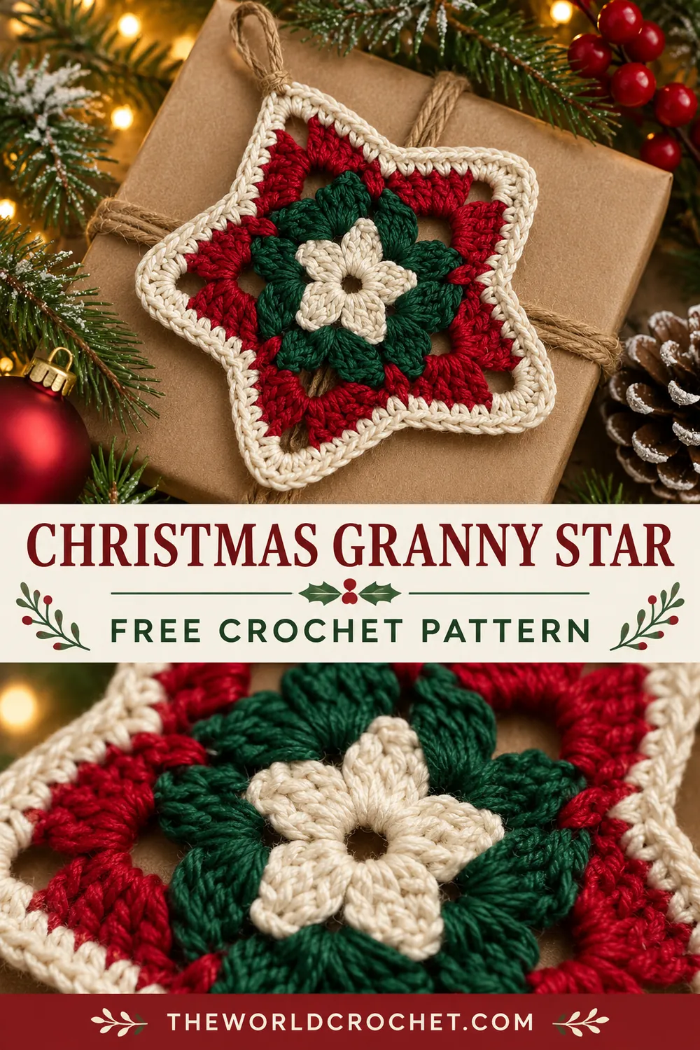 Christmas granny star gift ornament and stitch detail collage