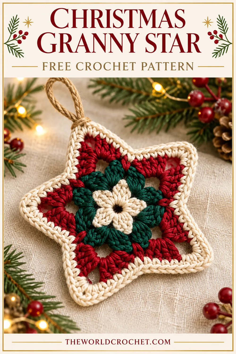Christmas granny star on cream linen with free pattern title