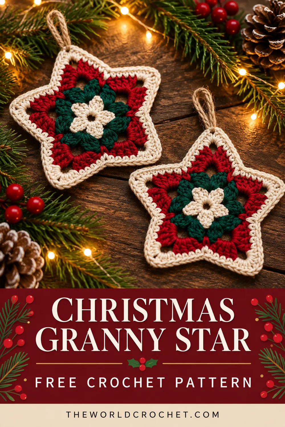 Two Christmas granny star ornaments with festive crochet pattern title