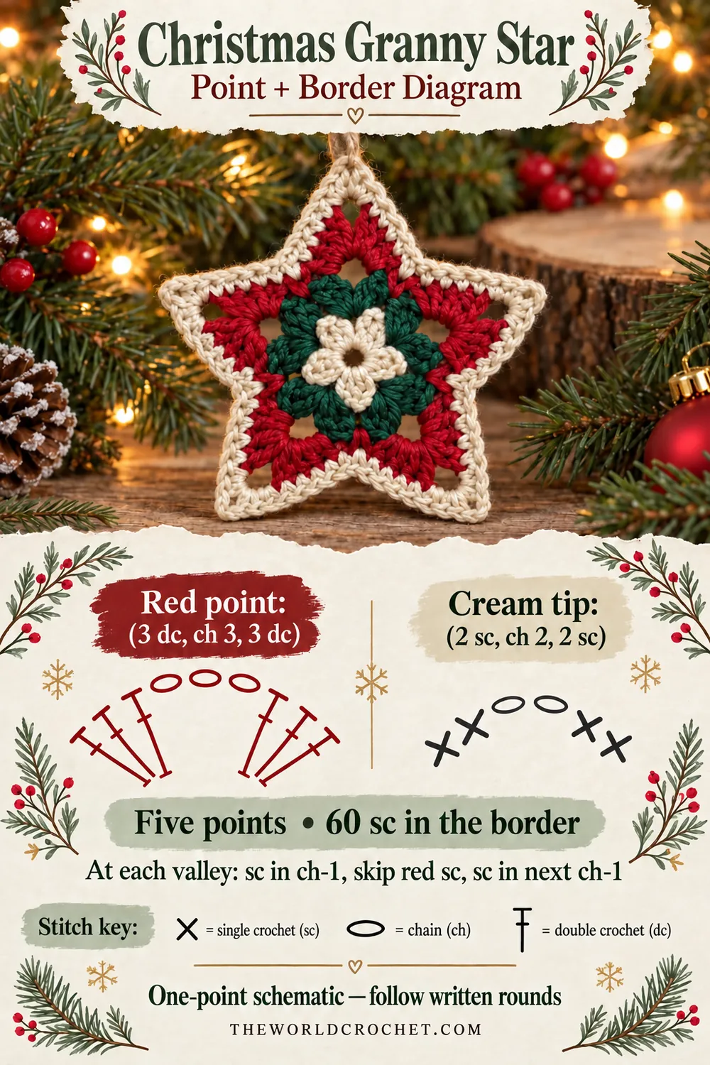 Christmas granny star point and cream border diagram with stitch key