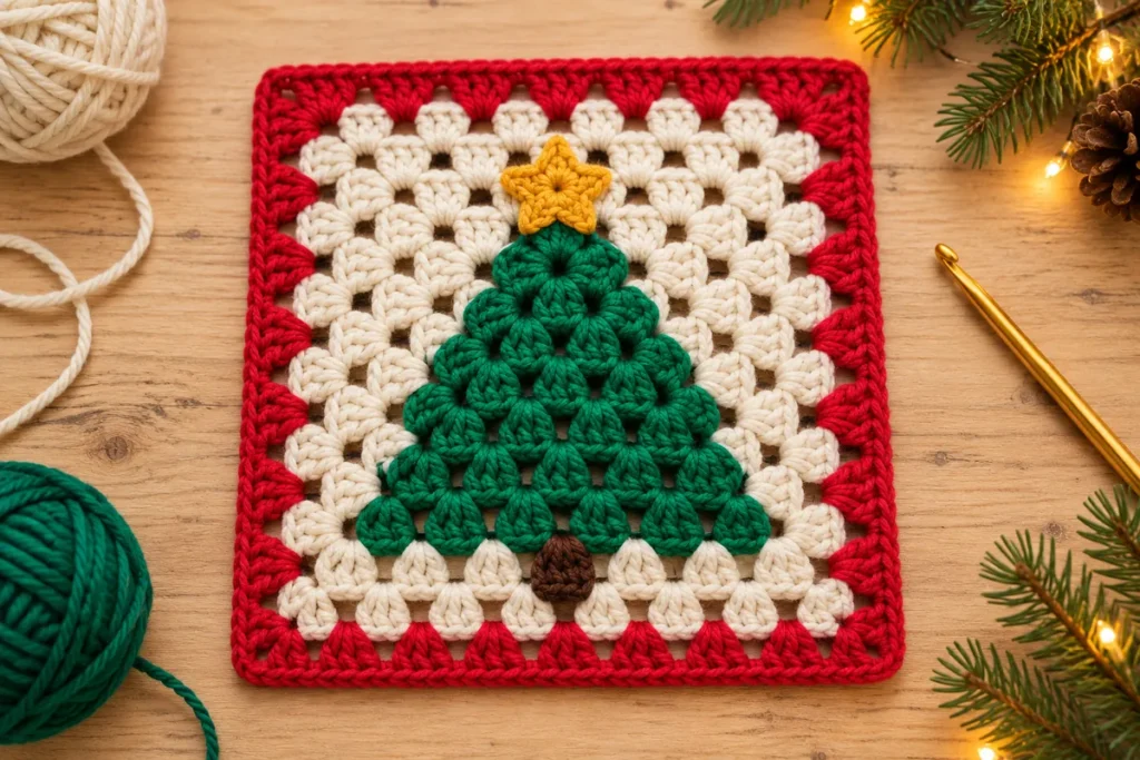 Christmas tree granny square with a green tree applique, yellow star, cream background and red border on a wooden craft table.