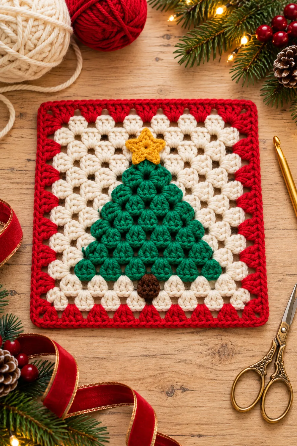 Cream and red granny square with a green Christmas tree on a holiday craft table.