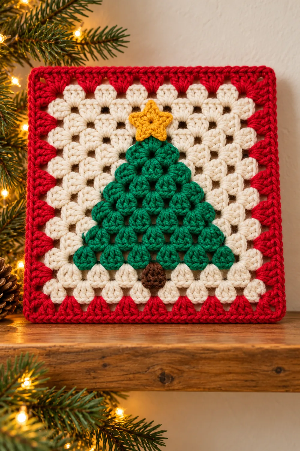 Christmas tree granny square displayed upright on a wooden shelf beside warm lights.