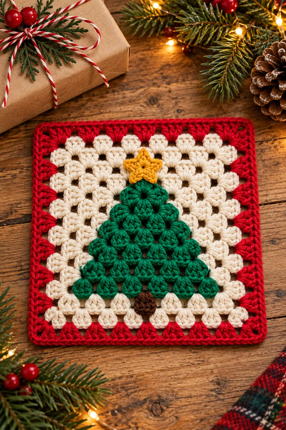Green tree applique granny square with a red border beside a wrapped Christmas gift.