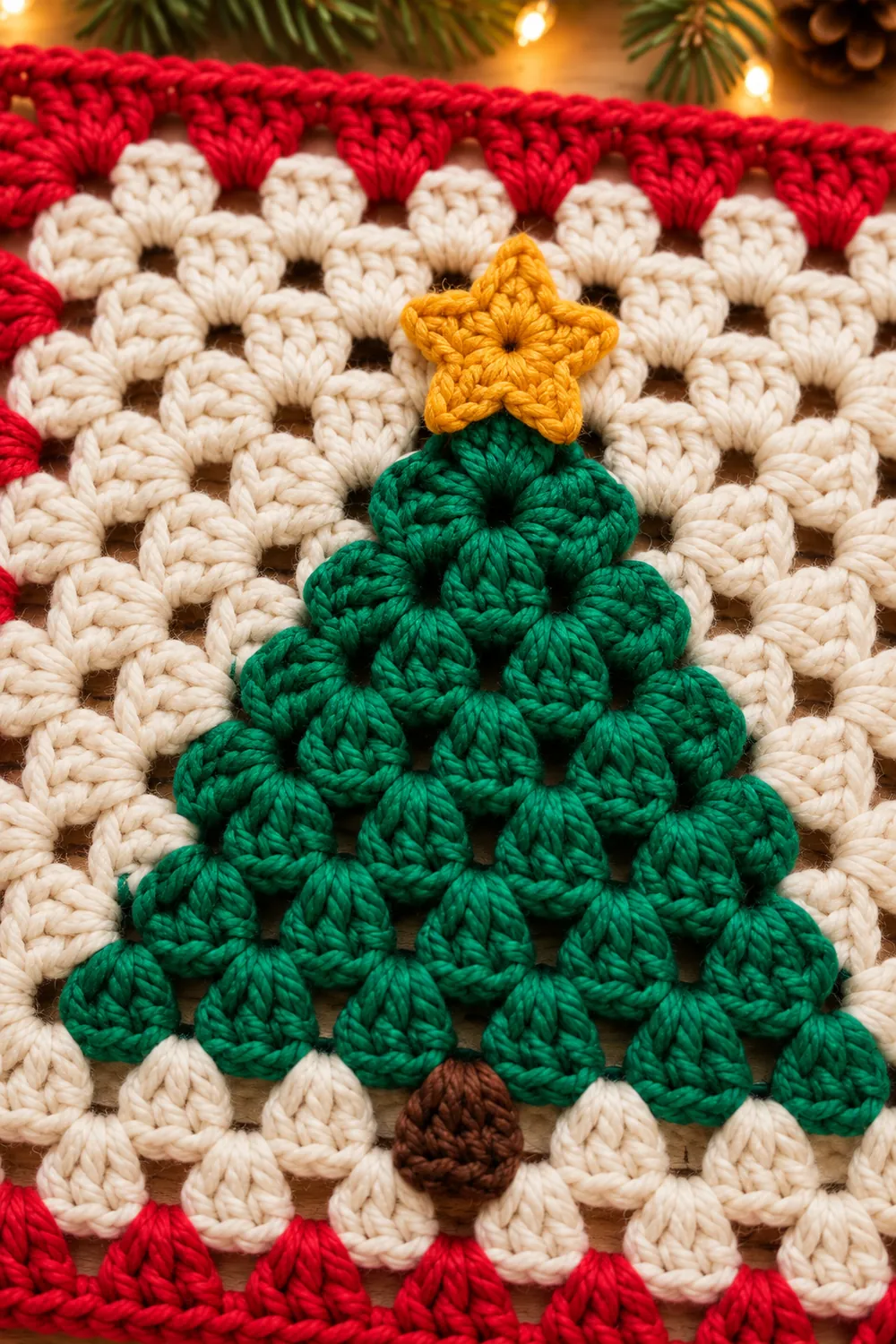 Close-up of green granny groups and a yellow star on a cream Christmas square.