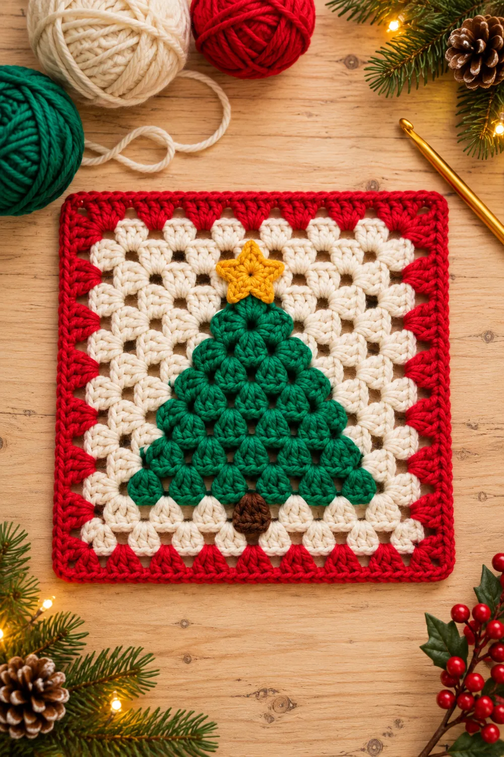 Christmas tree granny square beside cream, green and red yarn with a crochet hook.