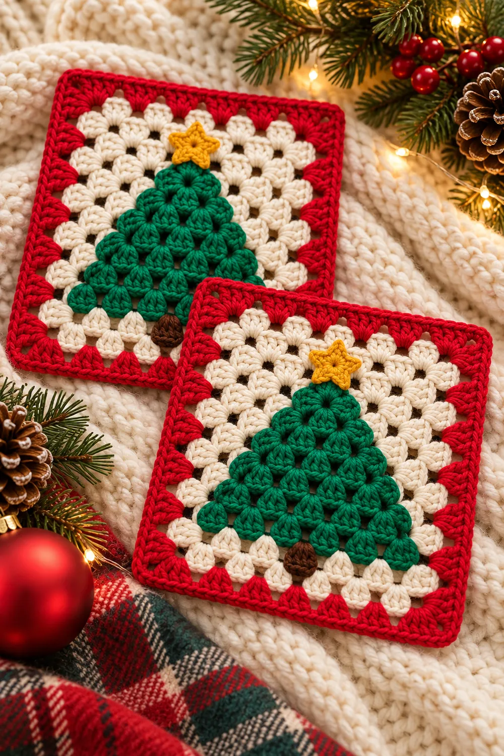 Two Christmas tree granny squares arranged on a cream blanket with festive greenery.