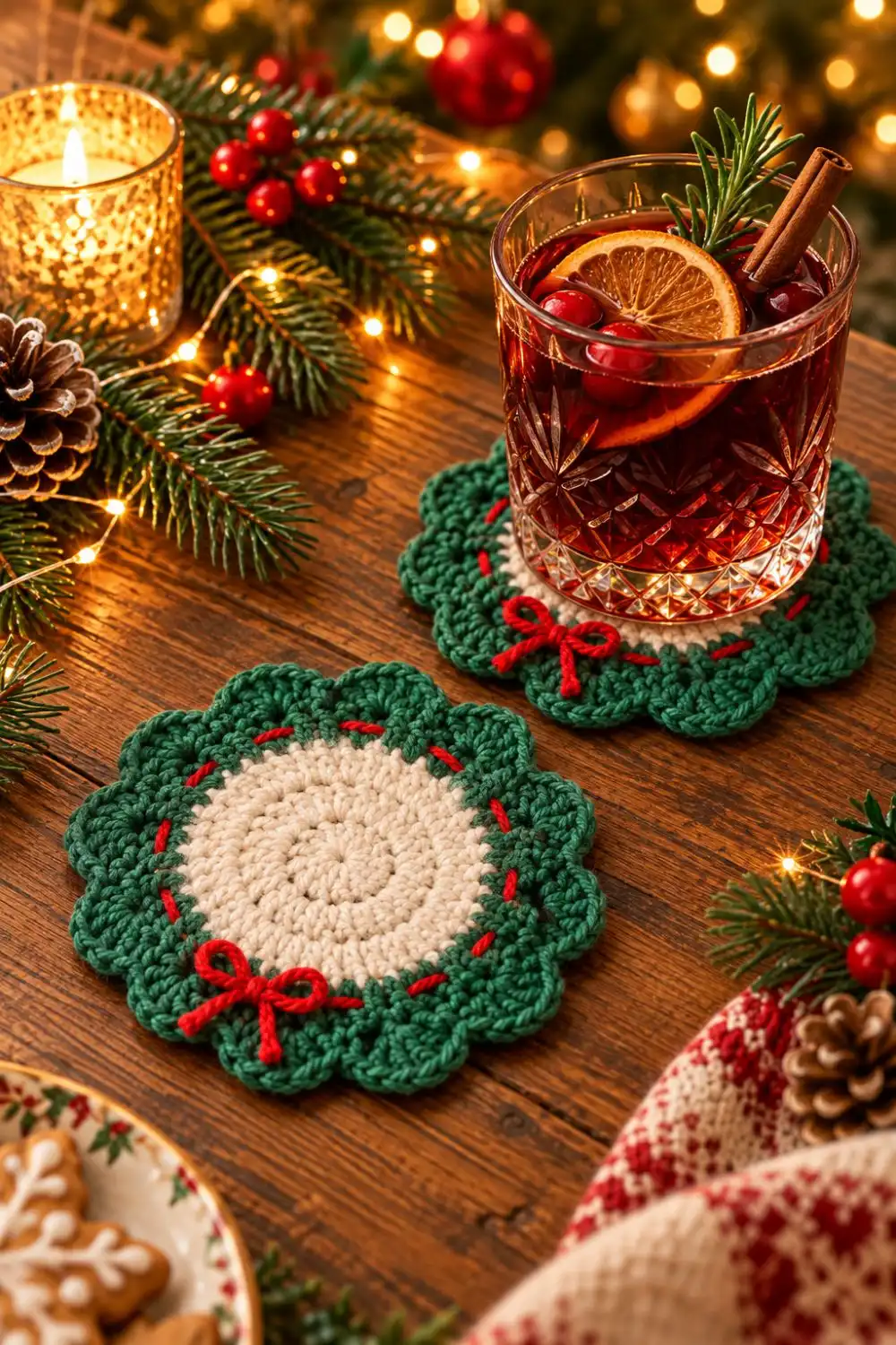 Green and cream wreath coasters with red bows beside a festive glass drink.