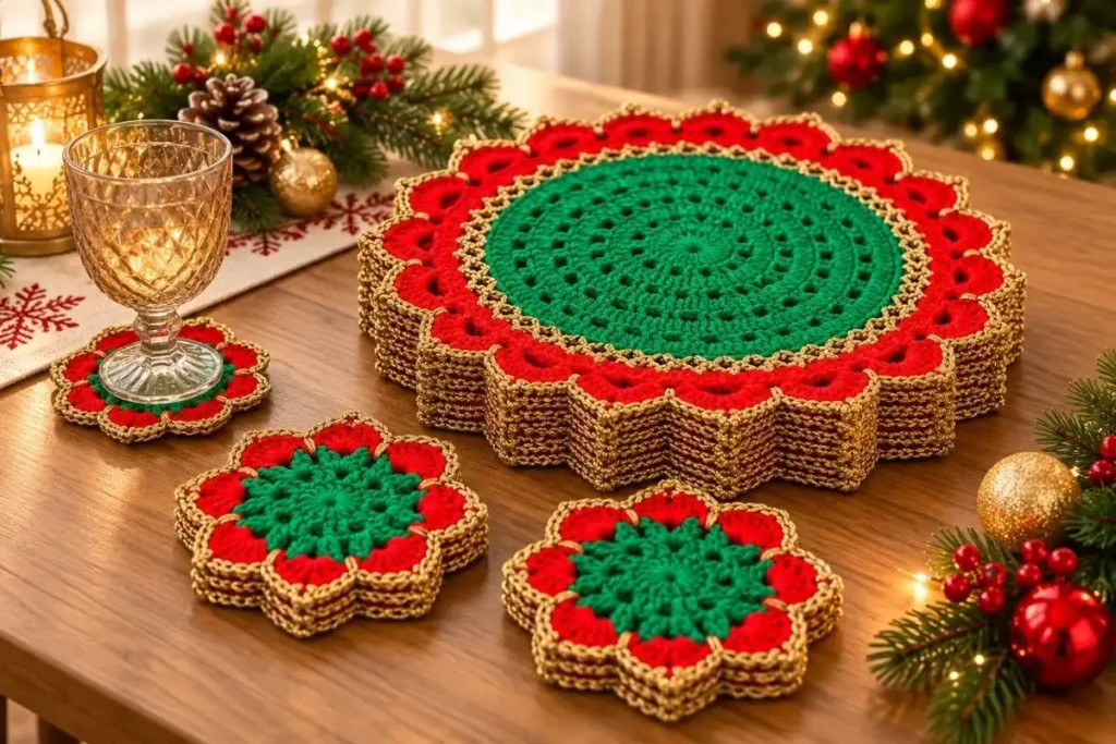 crochet Christmas table set with red green and gold centerpiece and coasters