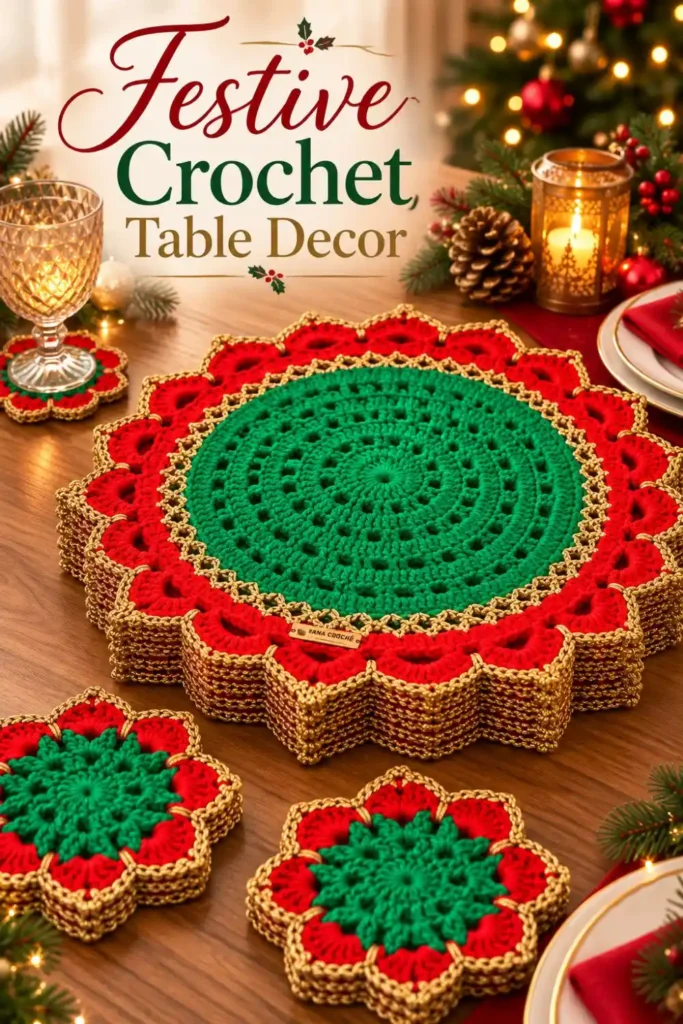 crochet Christmas table set with red green and gold centerpiece and coasters