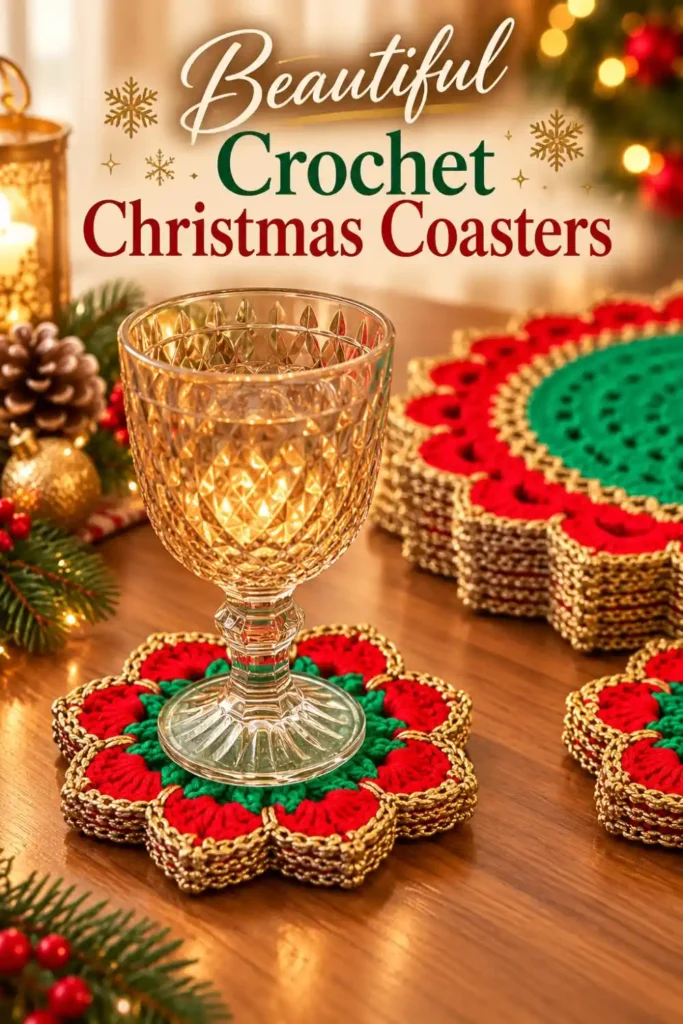 crochet Christmas table set with red green and gold centerpiece and coasters