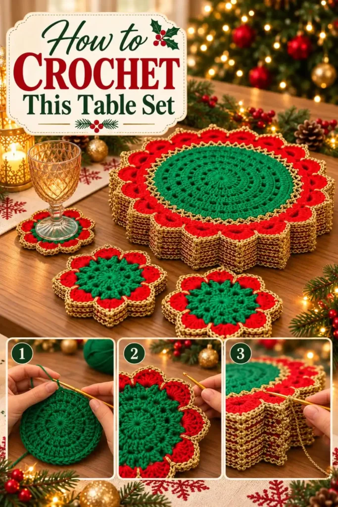 crochet Christmas table set with red green and gold centerpiece and coasters
