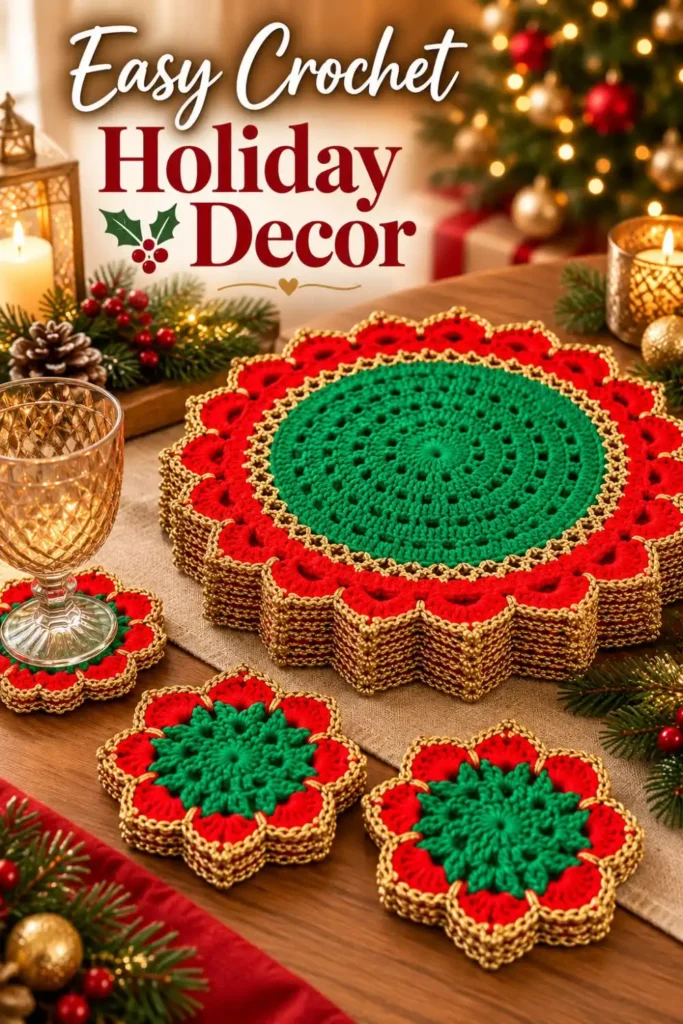 crochet Christmas table set with red green and gold centerpiece and coasters