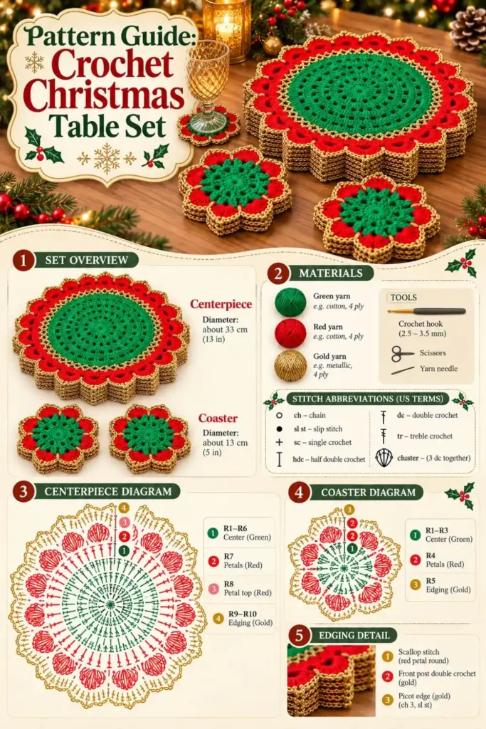 crochet Christmas table set with red green and gold centerpiece and coasters
